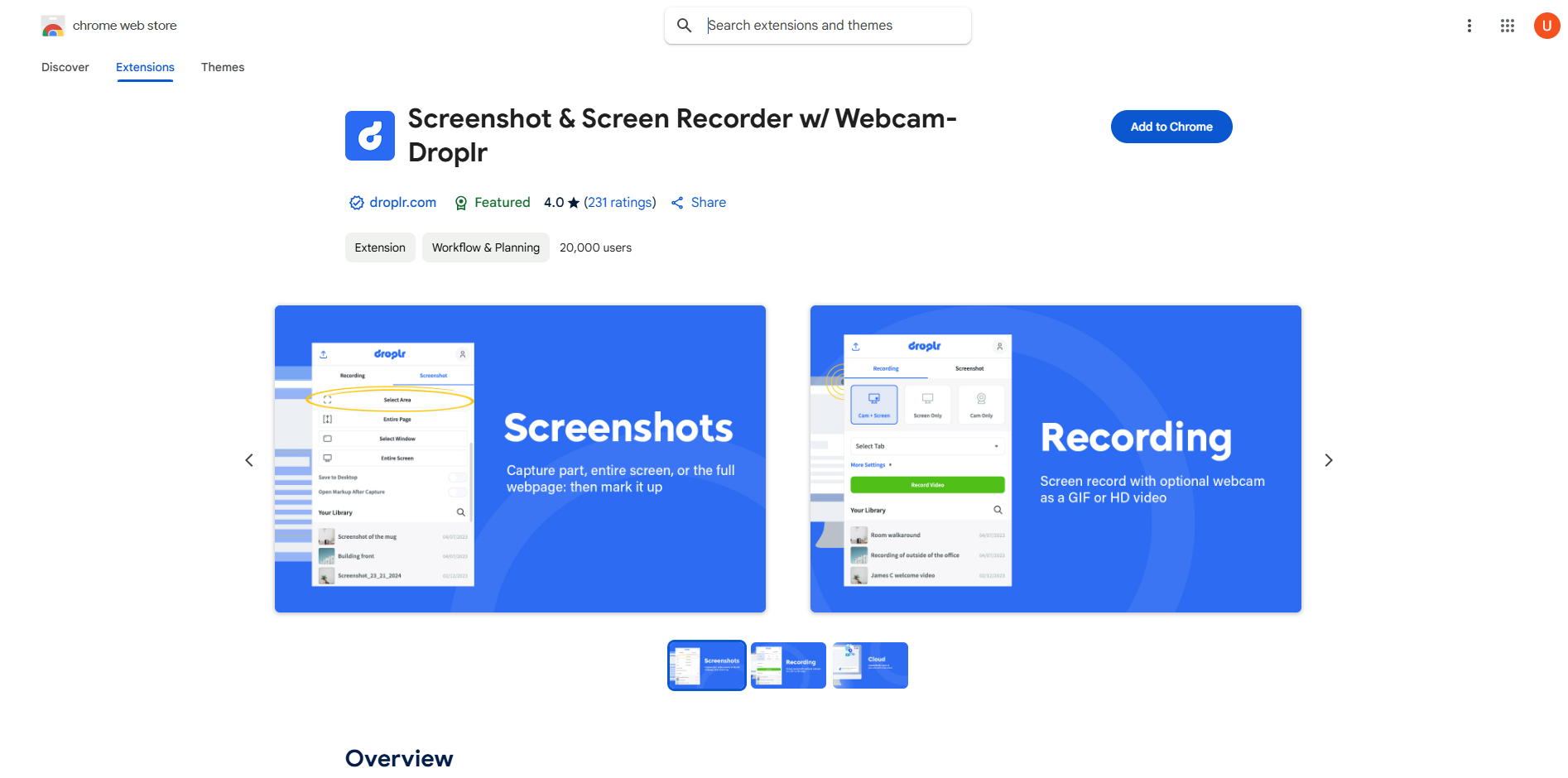 Droplrスクリーンレコーダーのインターフェース-最高の無料スクリーンレコーダーChrome拡張機能の1つ