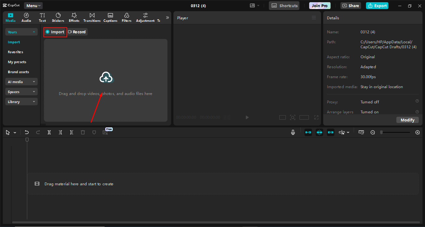 Mengunggah video ke editor video desktop CapCut