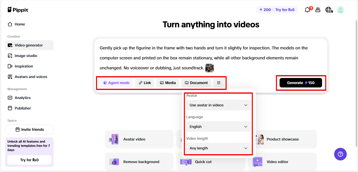 Generating video in Pippit