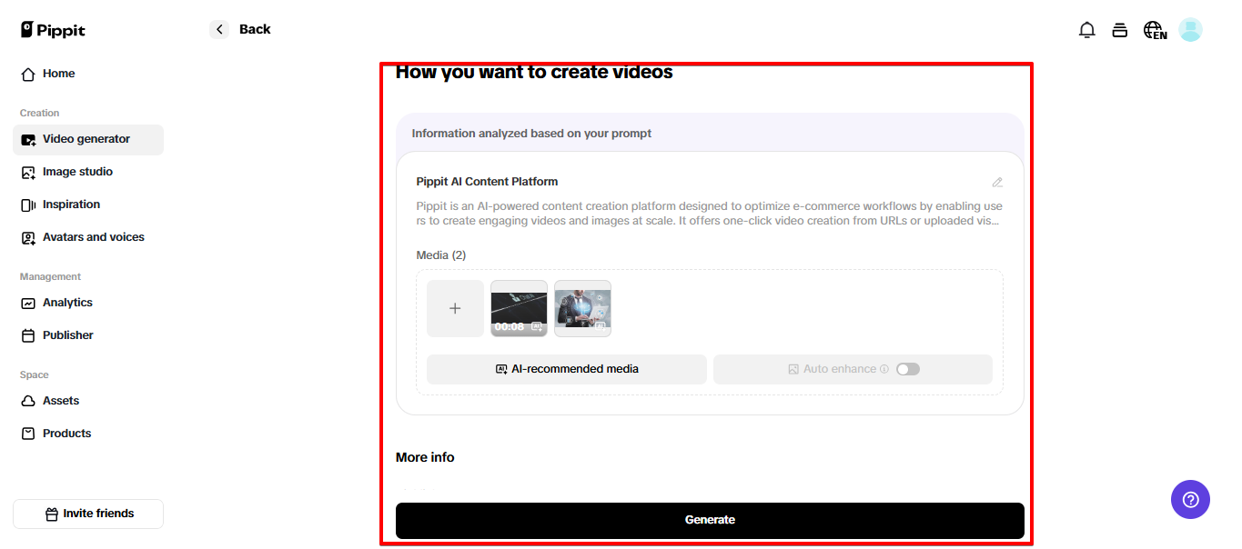 Generating video in Pippit