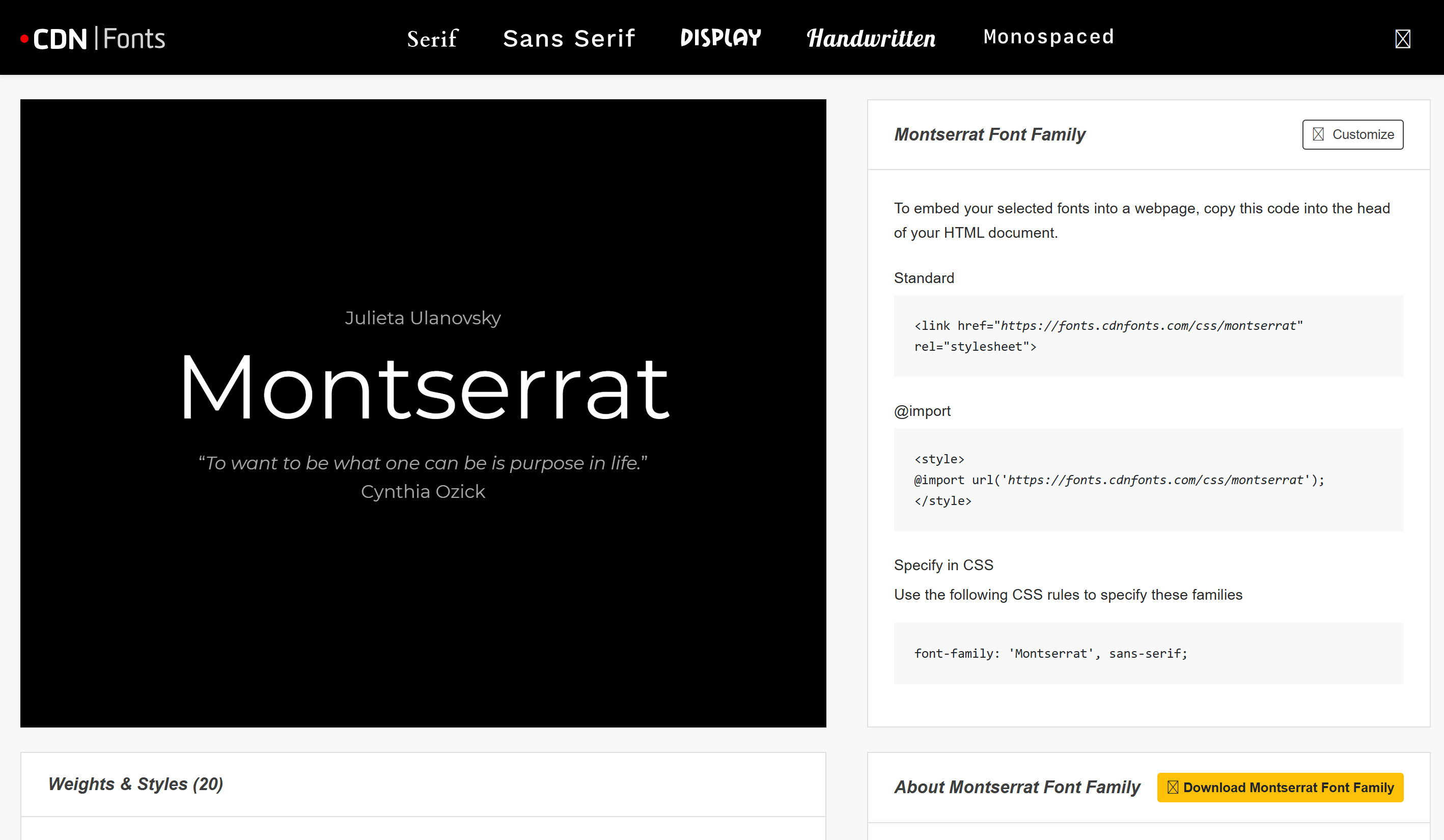 Interface of CDN Fonts - a trusted platform to get the Montserrat light font