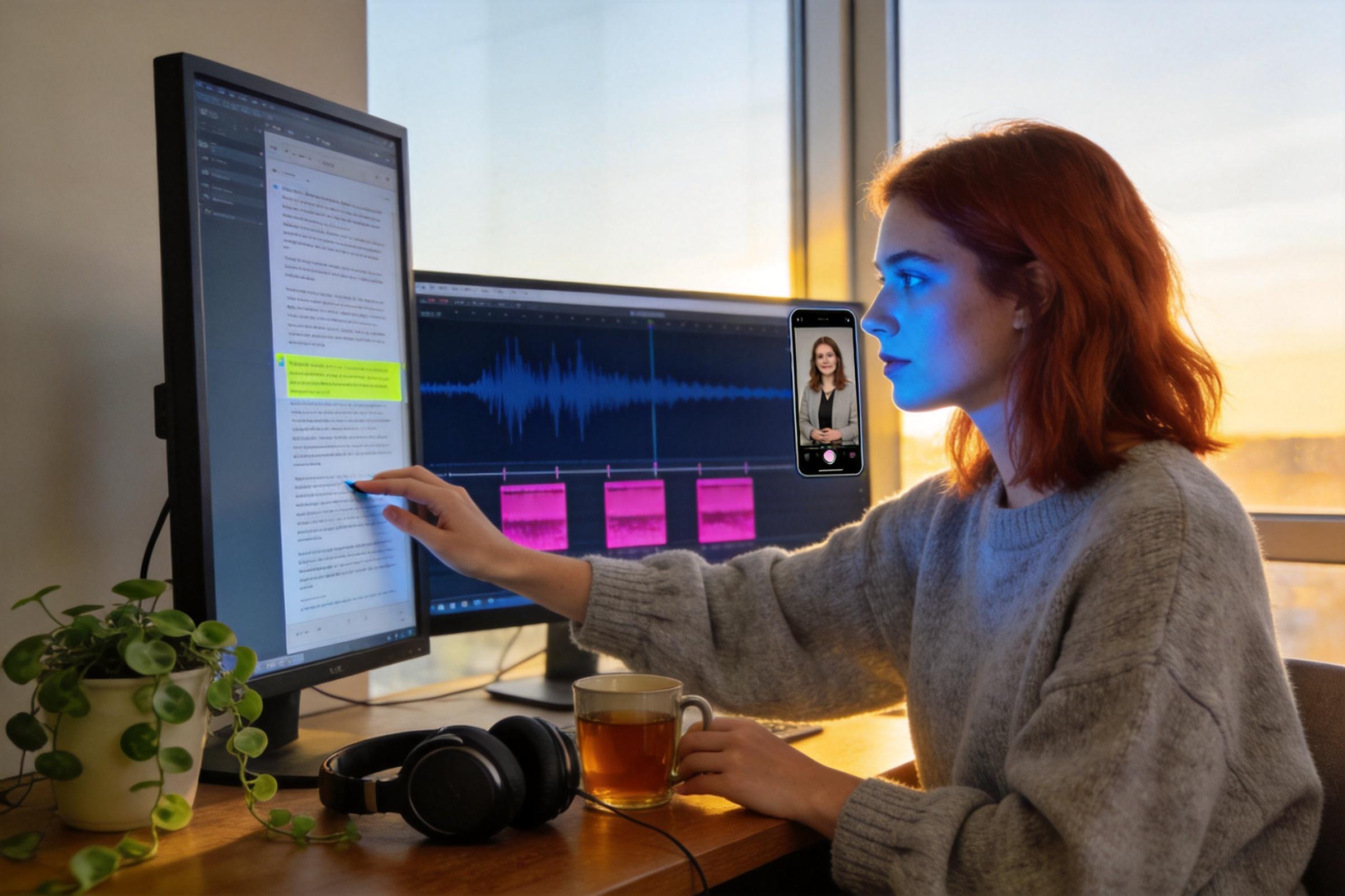 Woman editing a podcast waveform on dual monitors with a phone video preview
