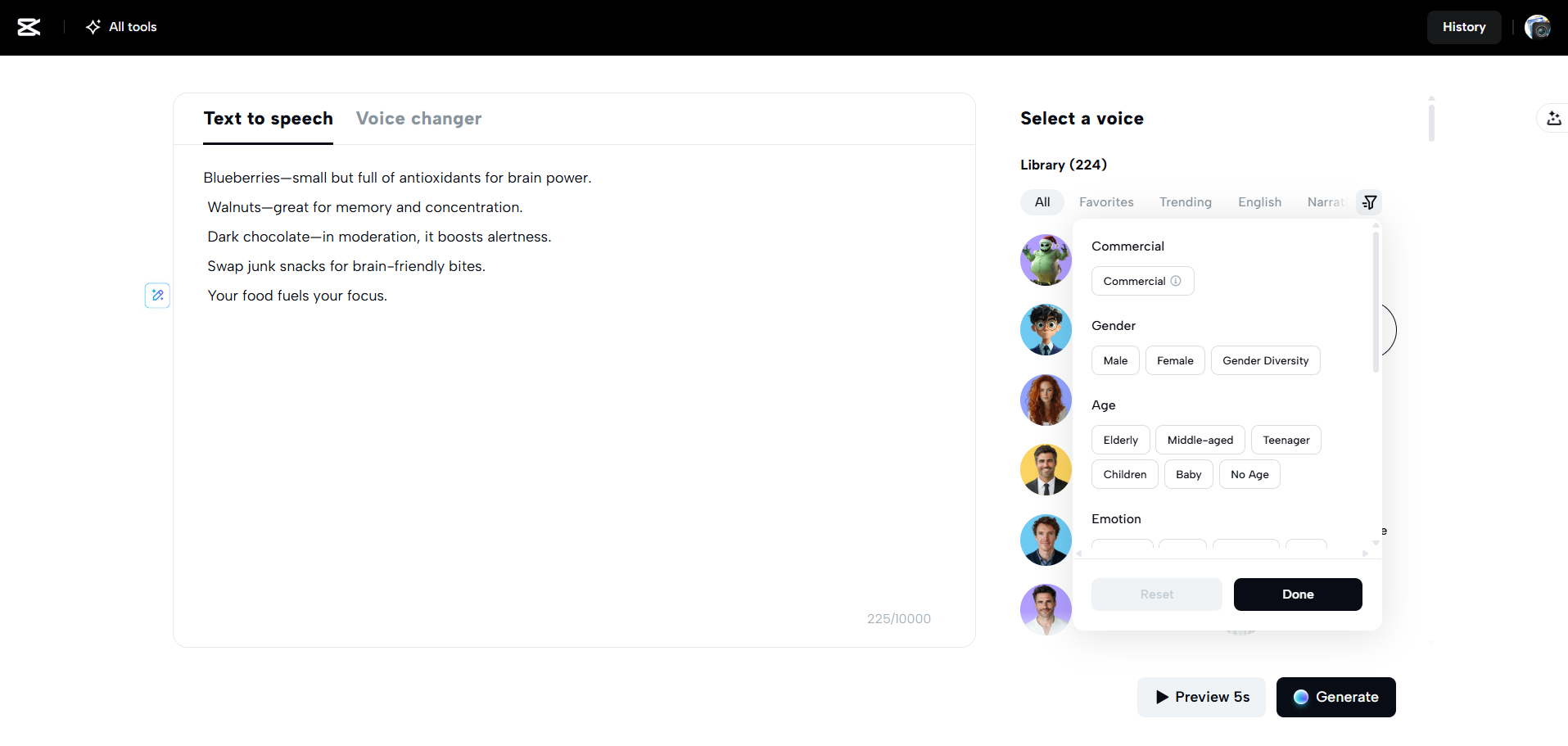 Interfaccia di CapCut Web - uno strumento alternativo per convertire il testo in voce