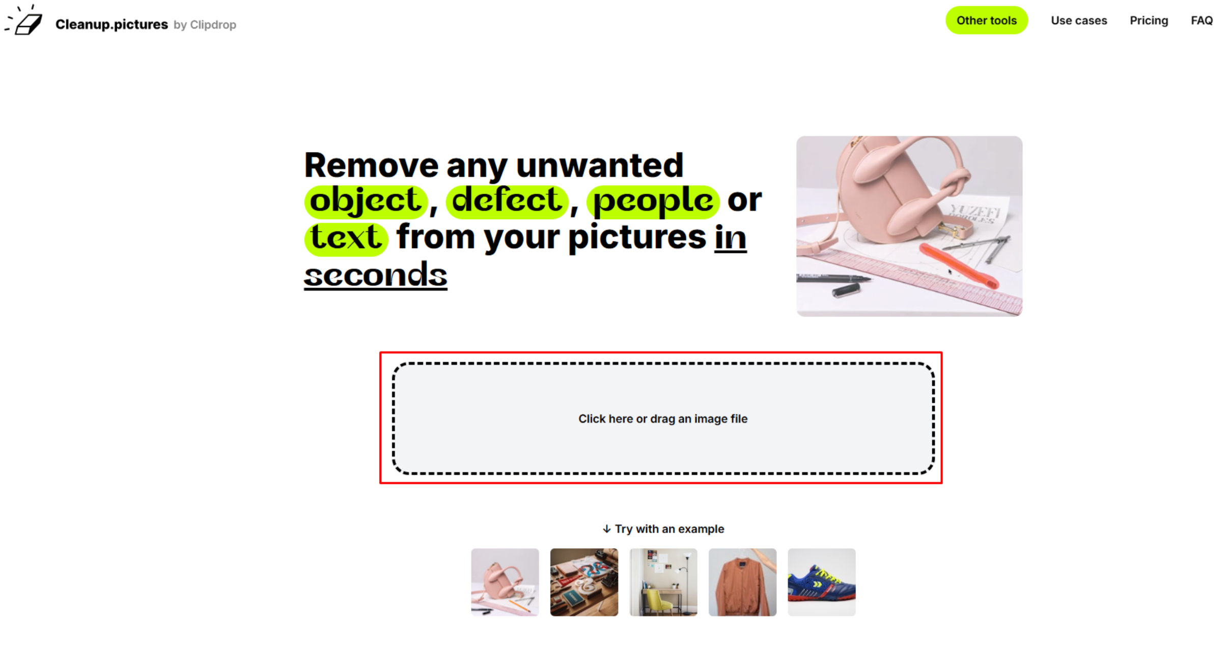 Téléchargement d'une image sur l'outil en ligne Cleanup.pictures