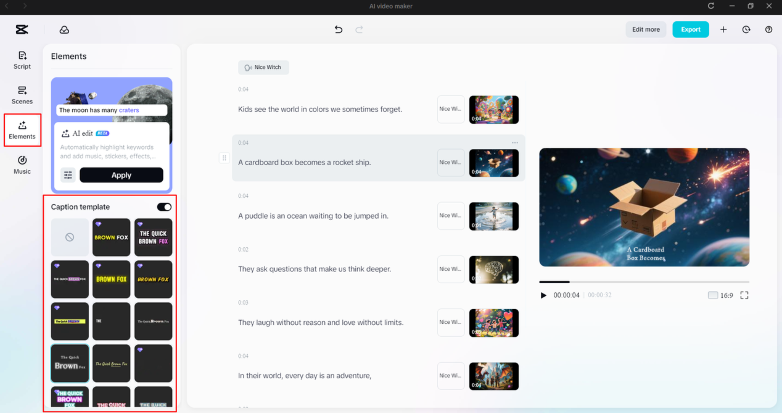 Adding caption templates to the video in the CapCut desktop video editor