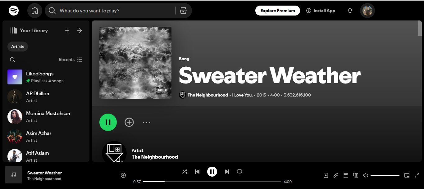 Interface of Sweater Weather—the most listened to songs on Spotify