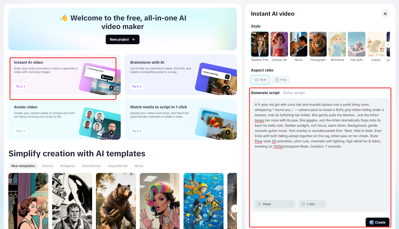 Generate a video using the Instant AI video feature
