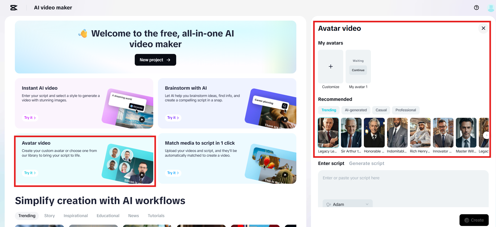Choose or create custom avatar