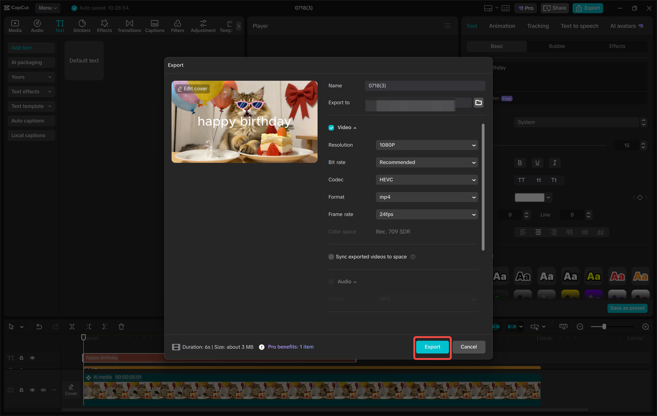 Exporting the video from the CapCut desktop video editor