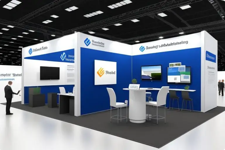 Stand la târg comercial atrăgător, cu un fundal vibrant generat de AI