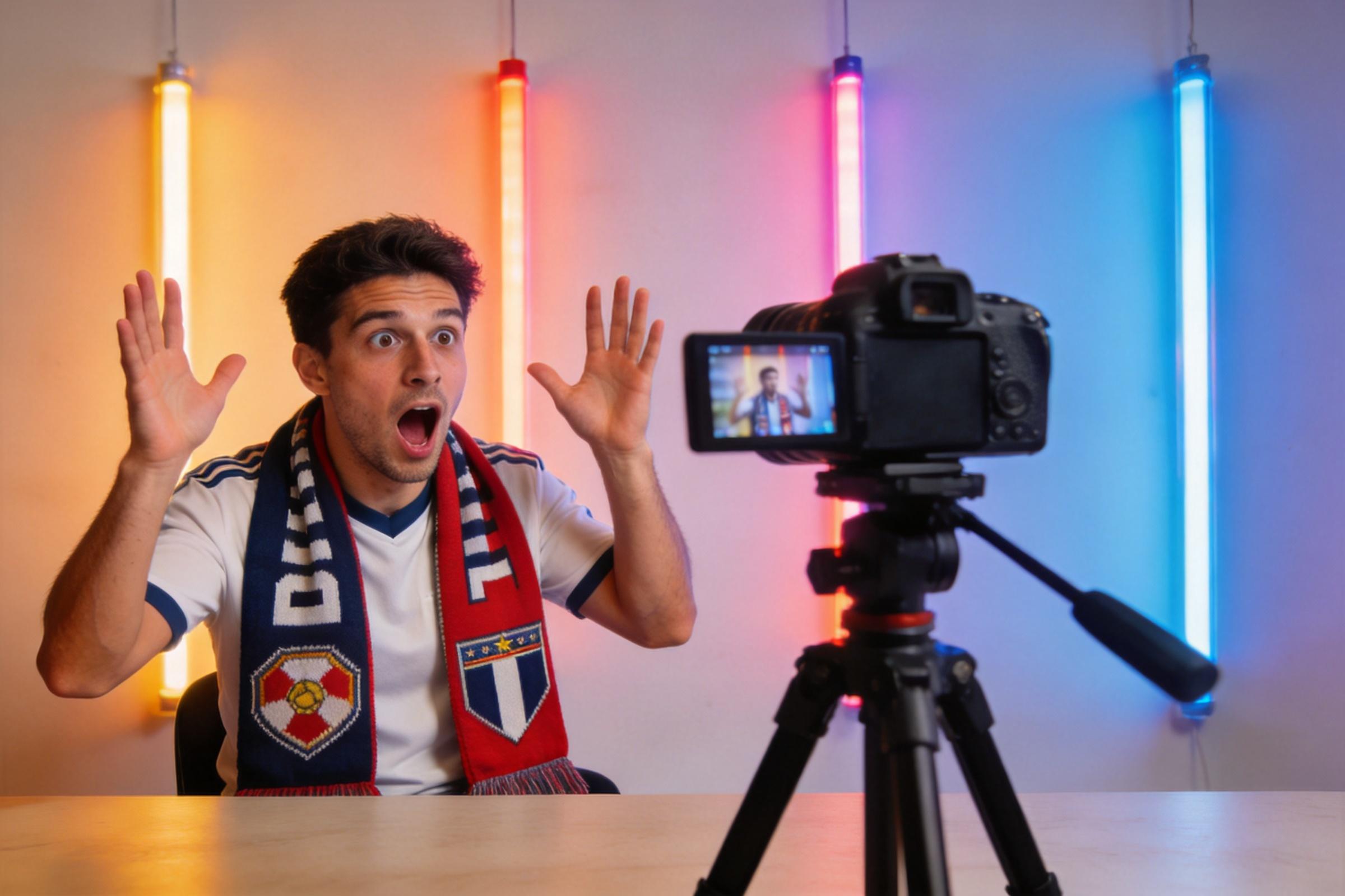 Football fan reacting on camera with hands raised beside a tripod-mounted video camera