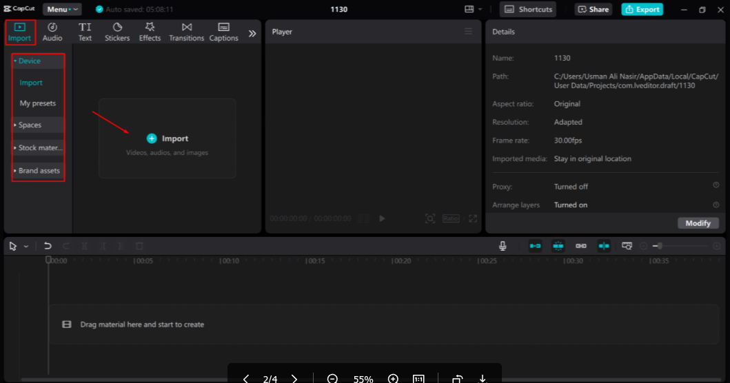 Importar a imagem para o editor de desktop capcut