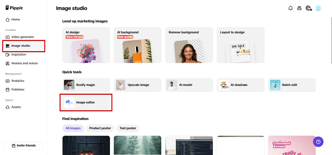 Открытие редактора изображений в Pippit.