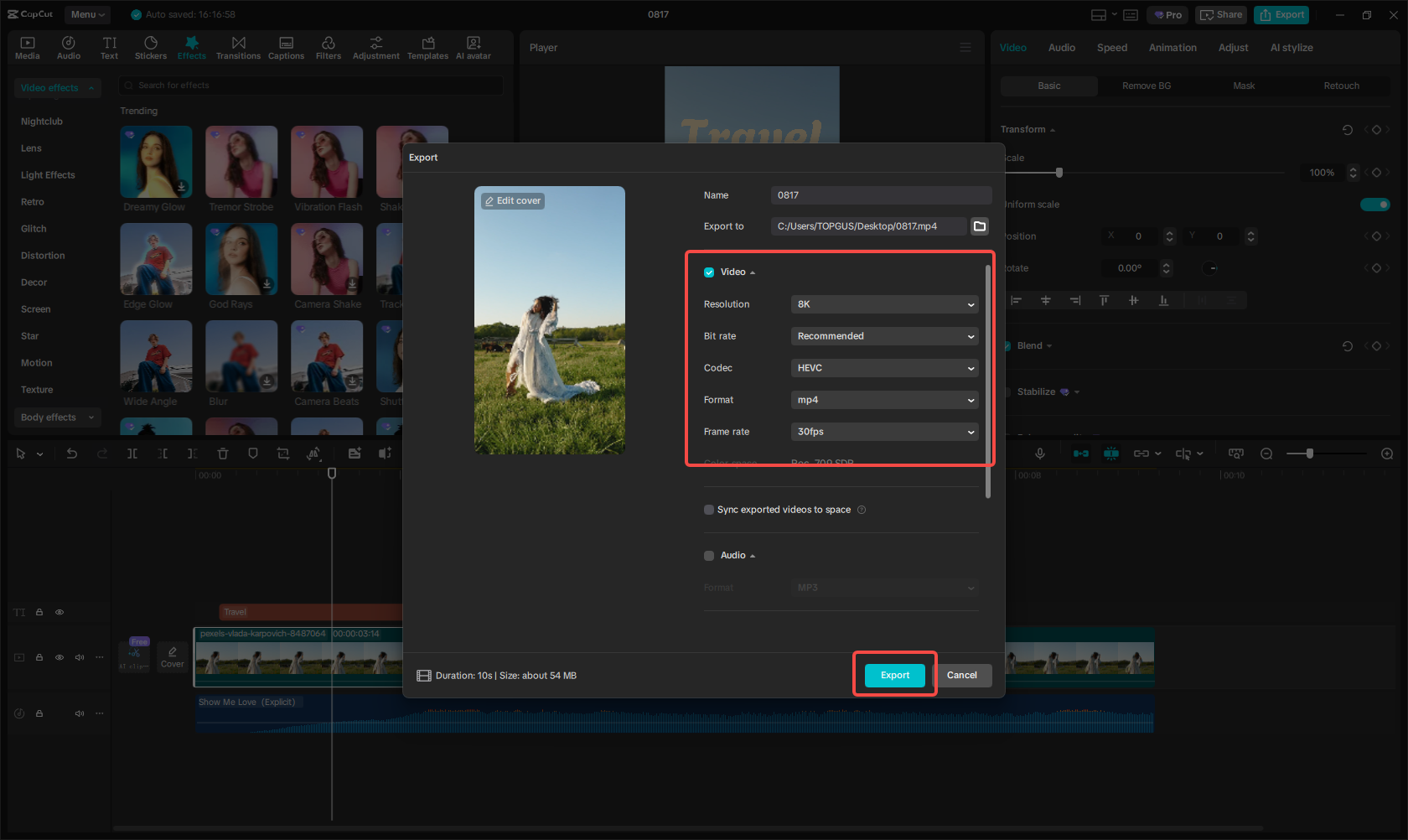 Export the video for Instagram