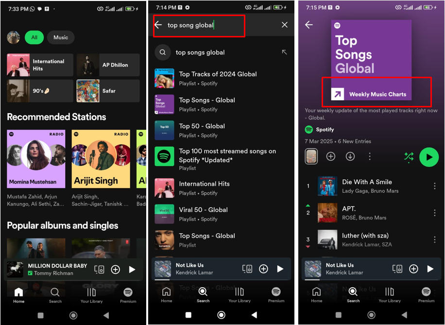 Gambar menunjukkan cara melihat lagu yang paling banyak diputar di Spotify minggu ini