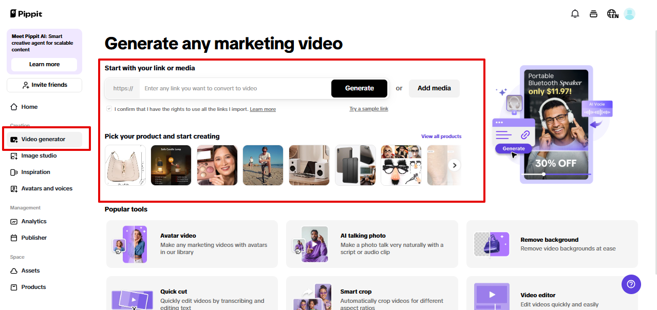 Accessing video generator in Pippit