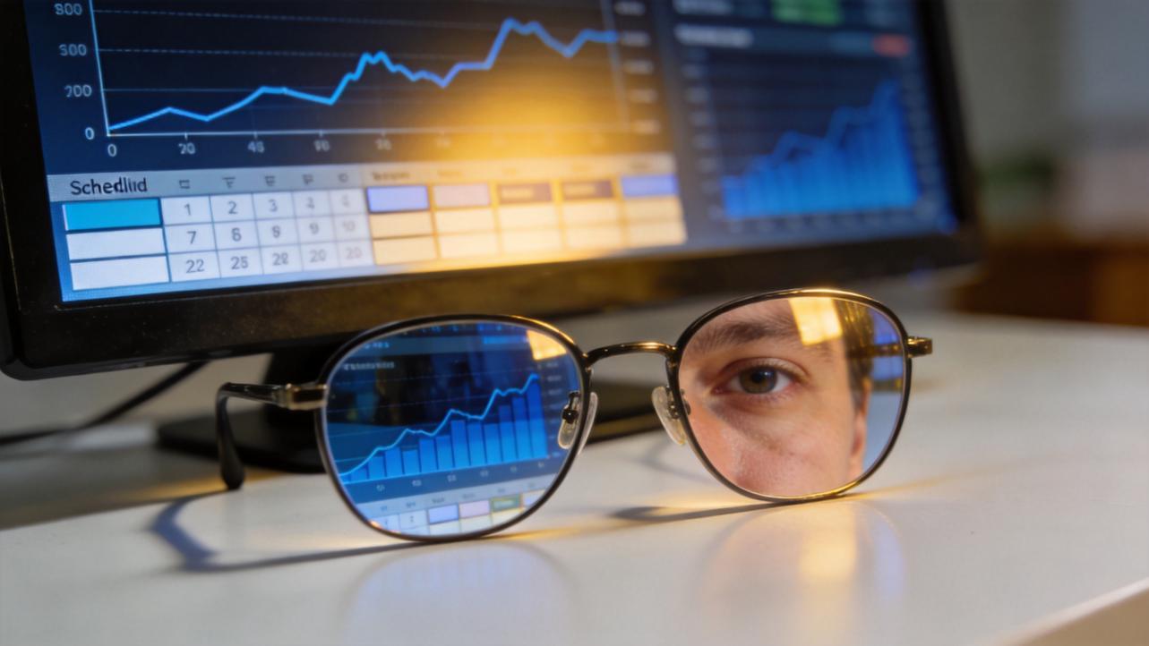 Glasses reflect growth charts on a monitor with a content calendar