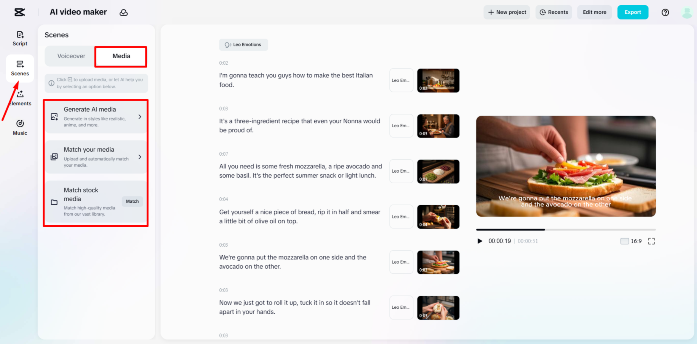 Adding or replacing media to the video using CapCut's AI video maker