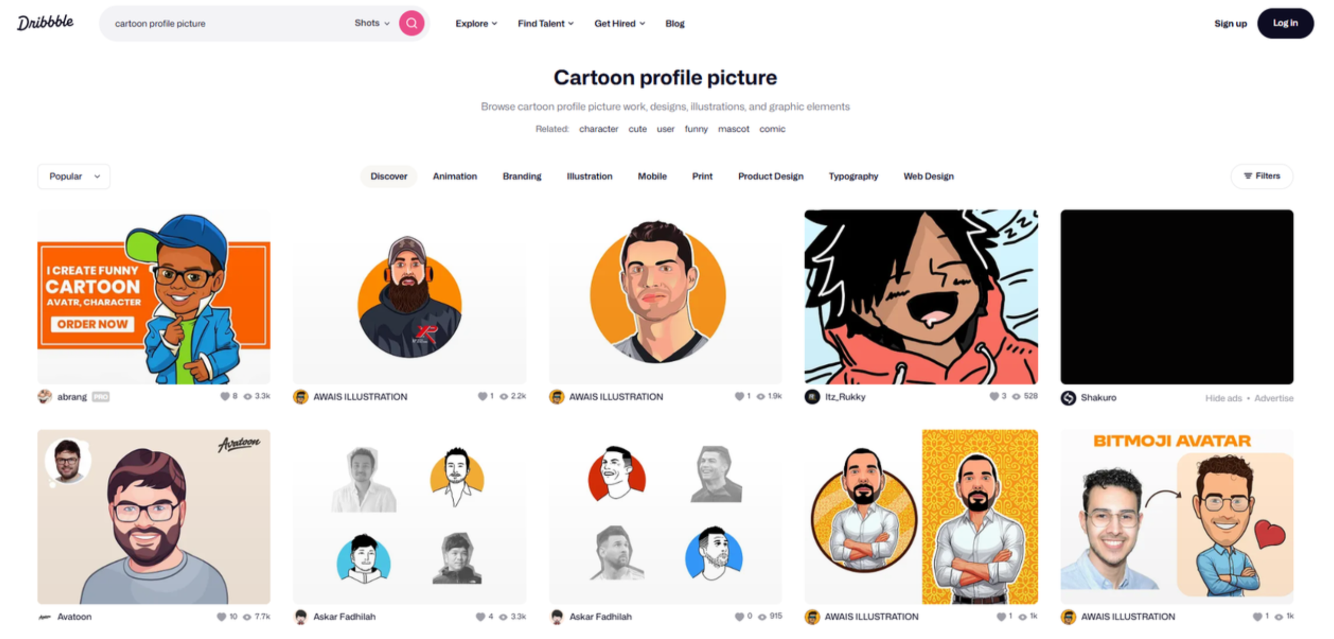 Interfaz de Dribble: un sitio versátil para encontrar imágenes de perfil de caricaturas para Instagram.
