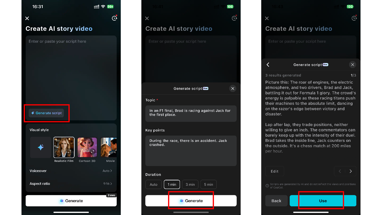 CapCut App AI Story Maker - Input your script and configure settings - AI-generated script