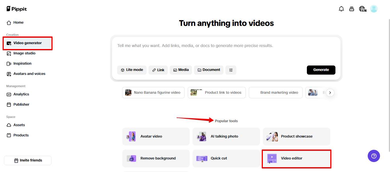 Abriendo el editor de videos en Pippit