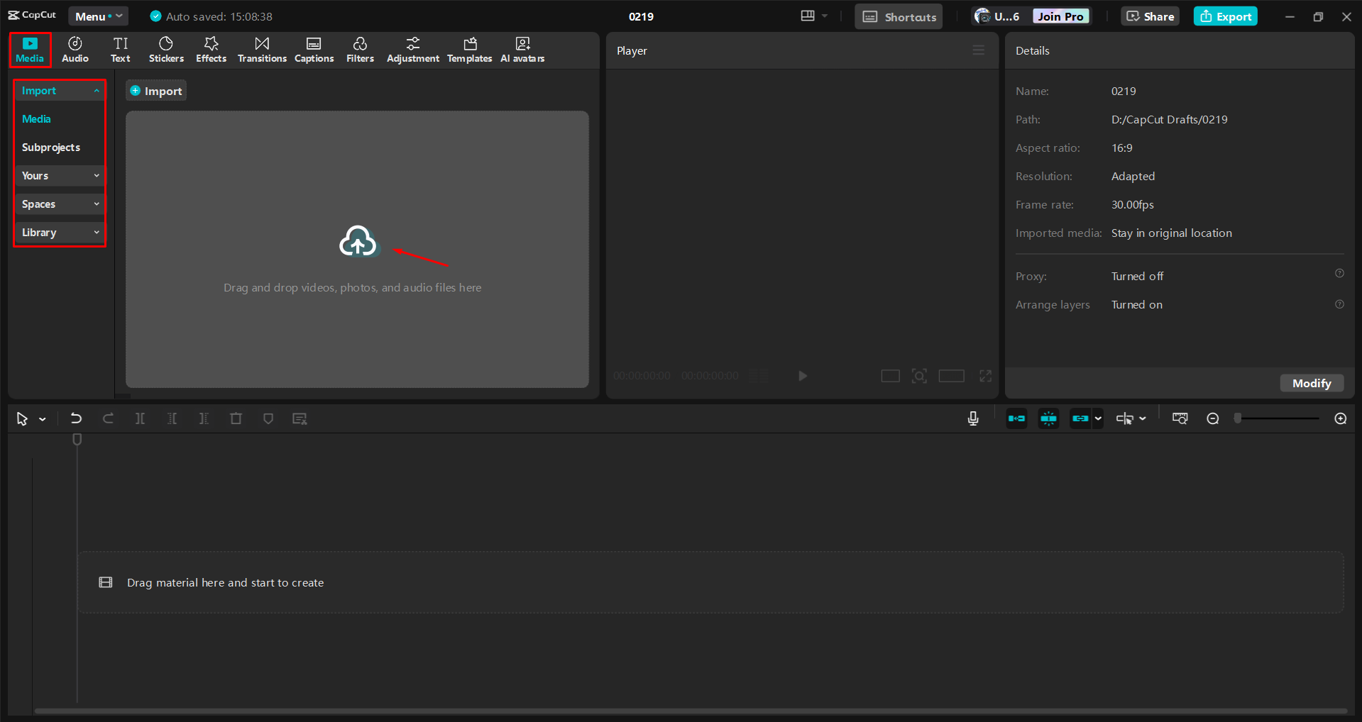 Importieren eines Videos in den CapCut Desktop-Video-Editor