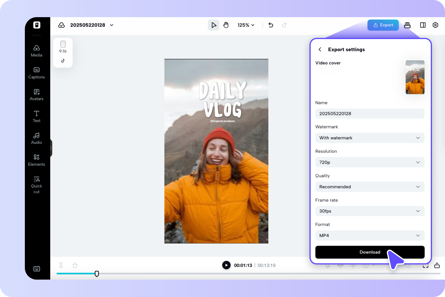 A video being customized with text and effects before exporting.