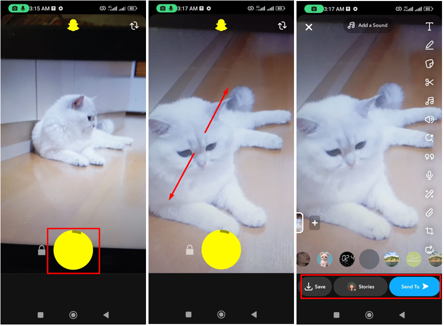 Image montrant comment faire un zoom arrière sur Snapchat tout en prenant une vidéo