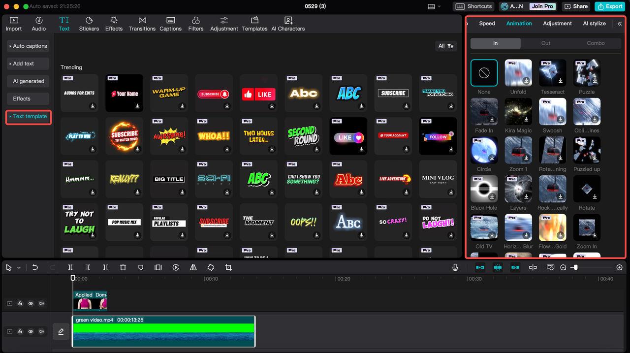 jak přidat textové šablony a animace v desktopovém video editoru aplikace CapCut