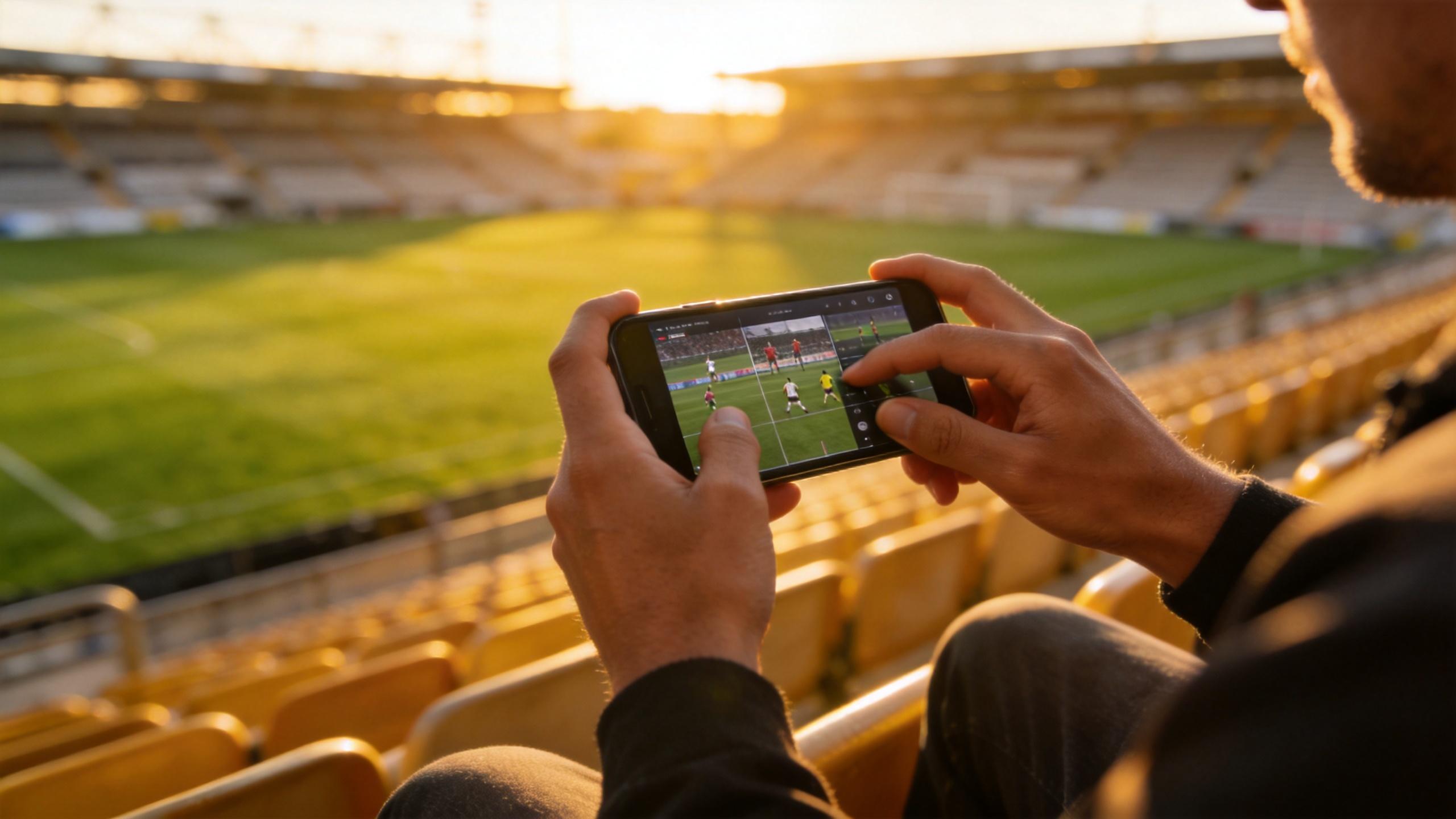 Person editing a football video on a smartphone at a stadium