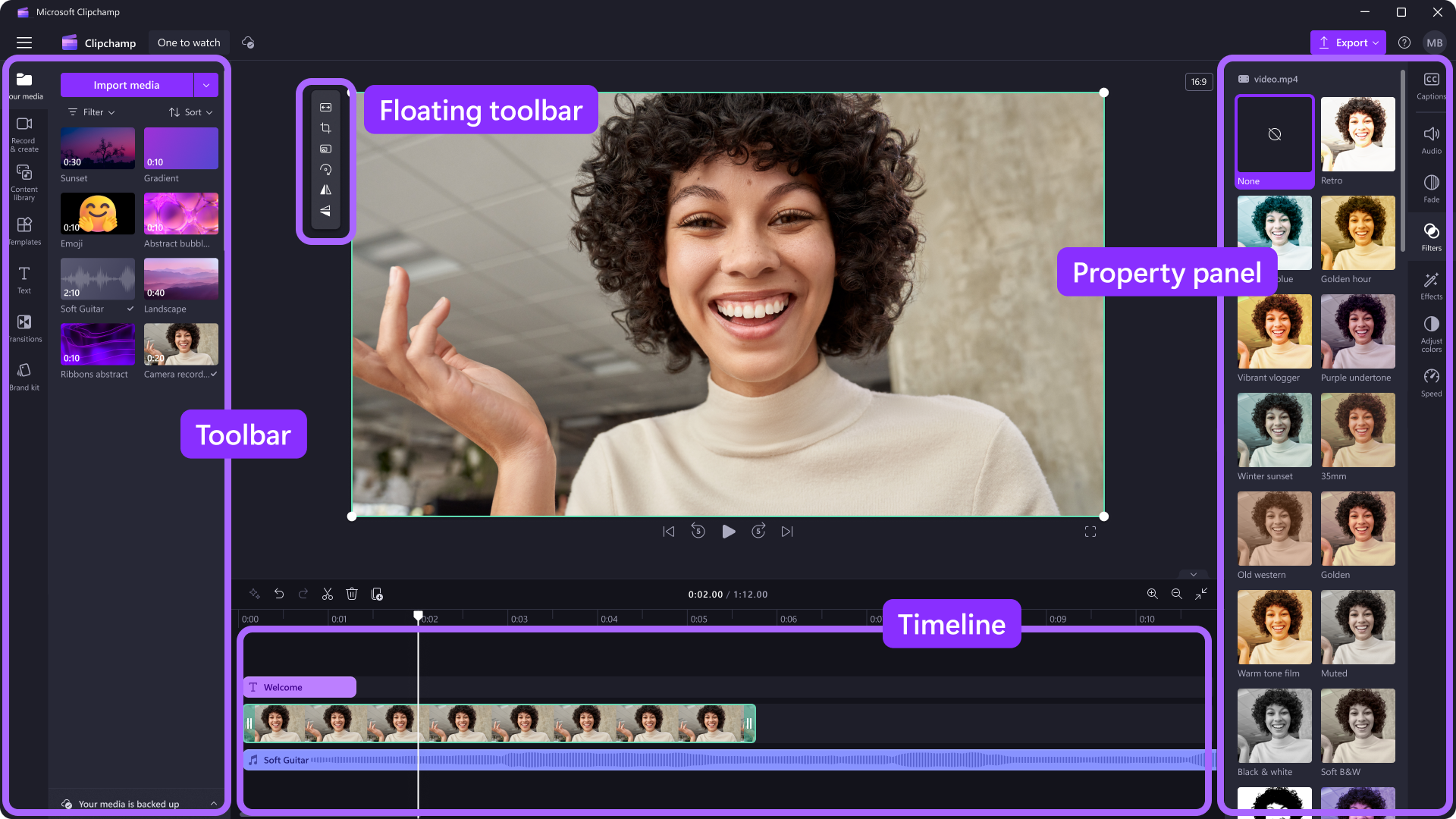 Clipchamp interface  - AI makeup online
