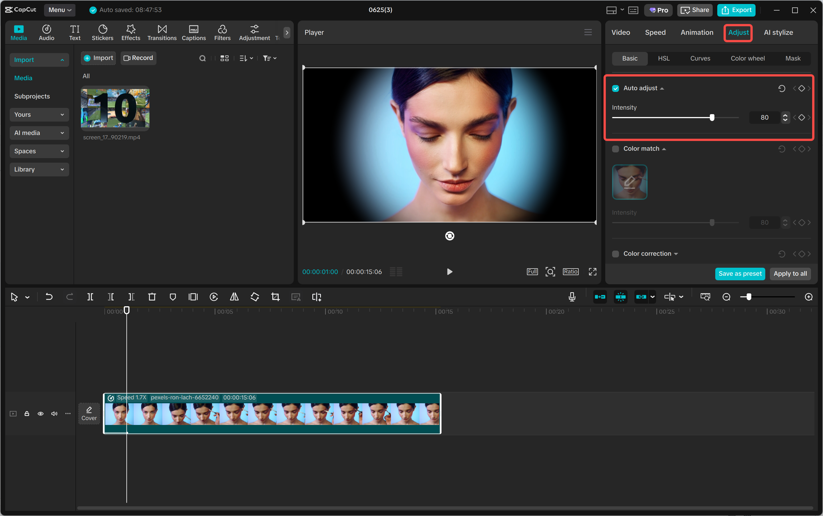Usage path for Auto Adjust in CapCut PC
