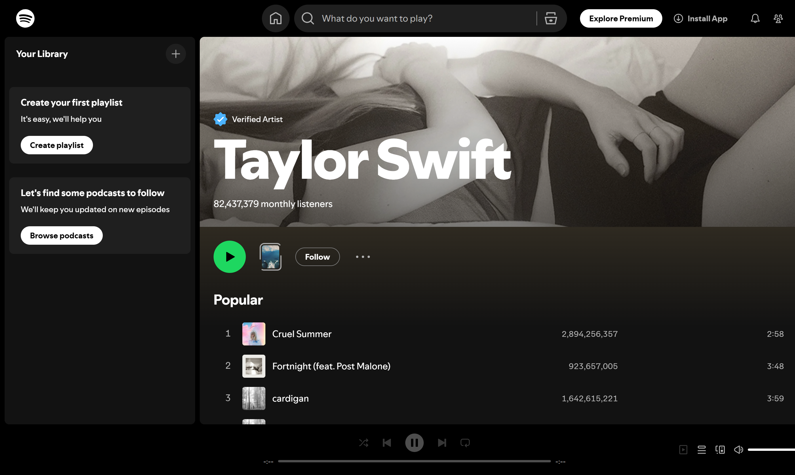 Taylor Swift— top in the Spotify artist rankings known for personal growth in her music