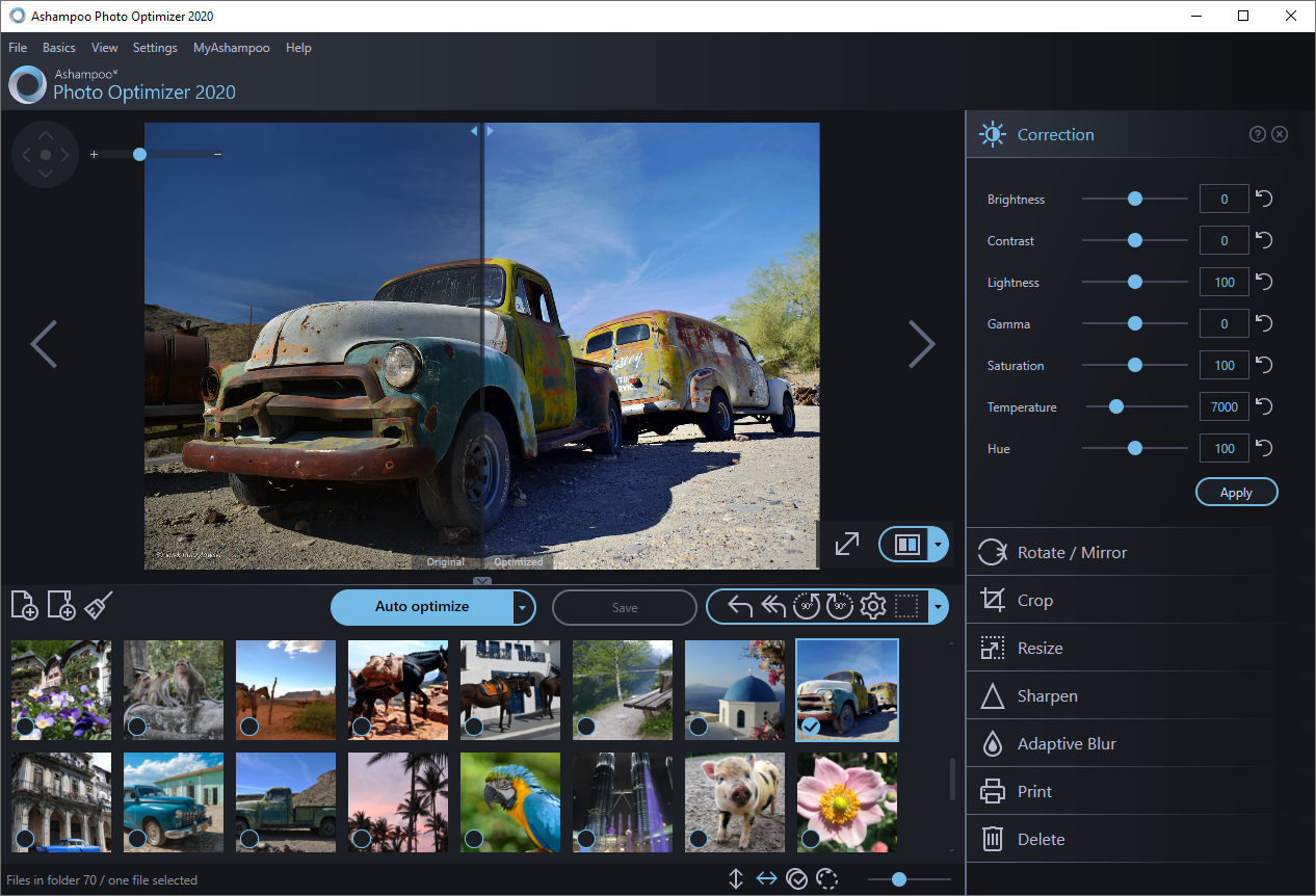 Interface d'Ashampoo Photo Optimizer - un éditeur de photos Windows facile à utiliser