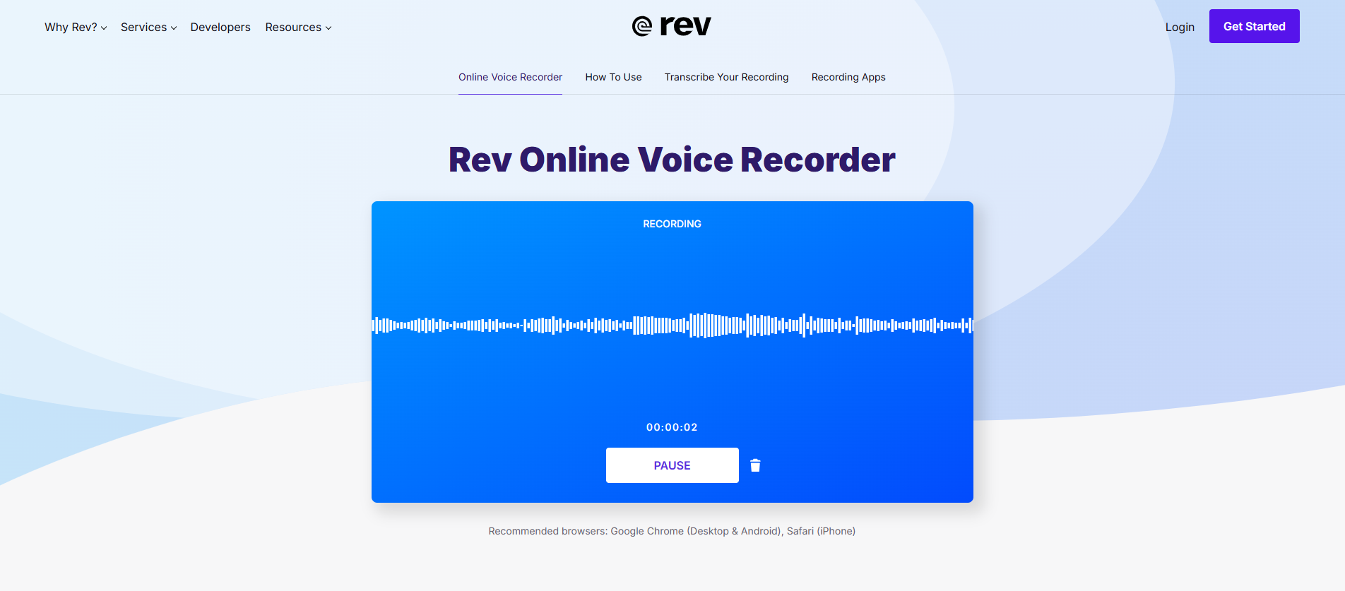 Interfaz de Rev: un grabador de sonido en línea fácil de usar