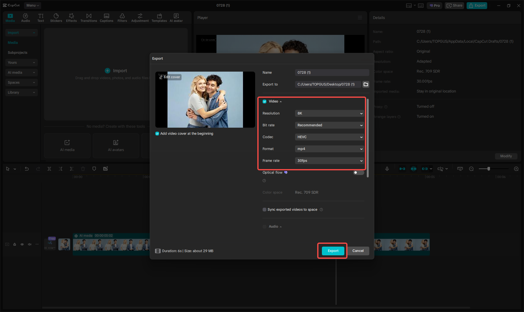 Exporting the hugging video in CapCut