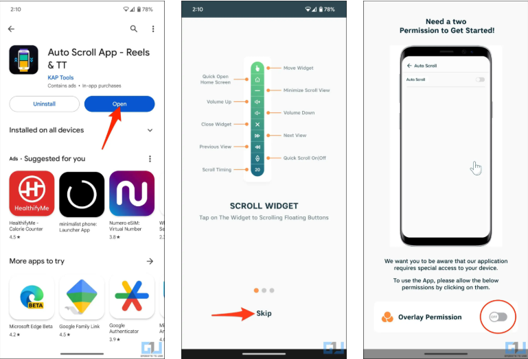 Zeigt, wie man Rollen mit der Auto Scroll App automatisch scrollen lässt