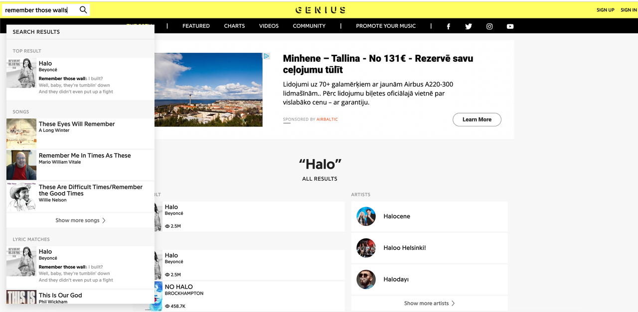 نتائج البحث عن كلمات جزئية باستخدام Genius