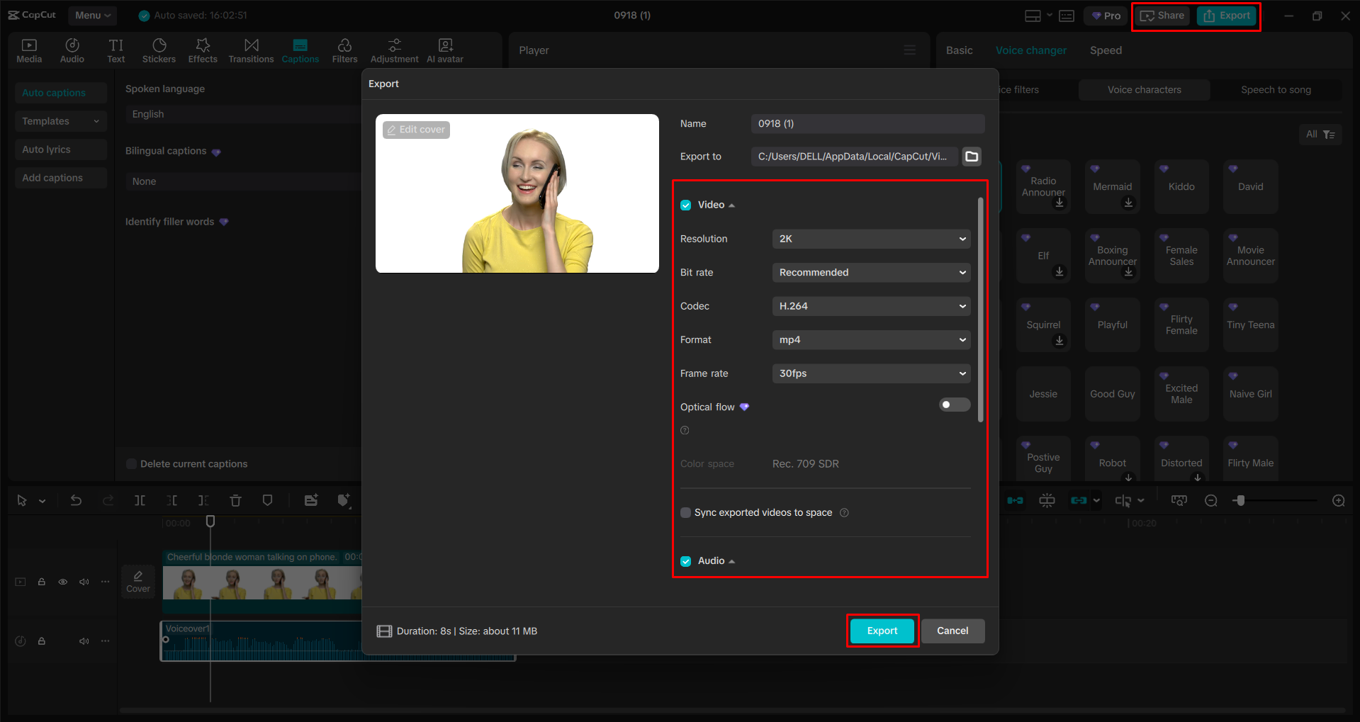 Esportazione di un video dall' CapCut editor video desktop