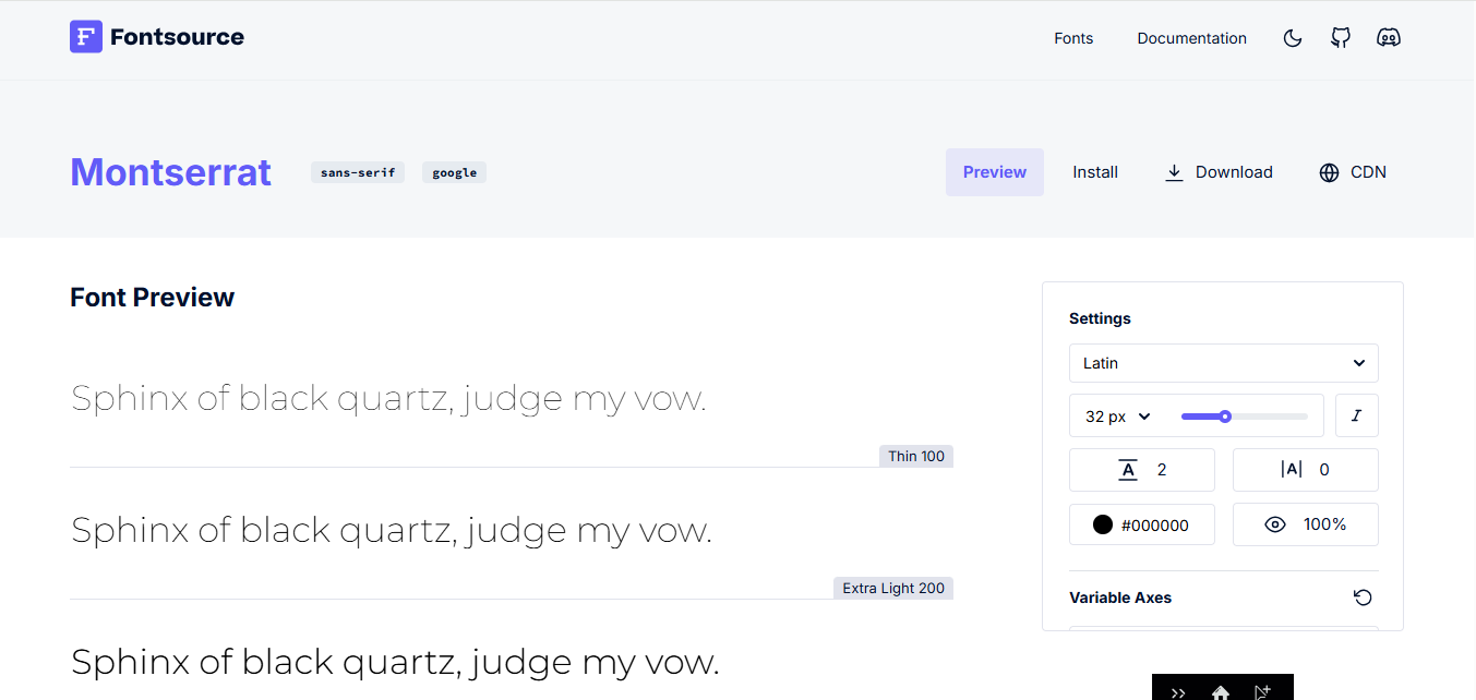 Interface of Fontsource - an easy-to-use platform to download Montserrat fonts
