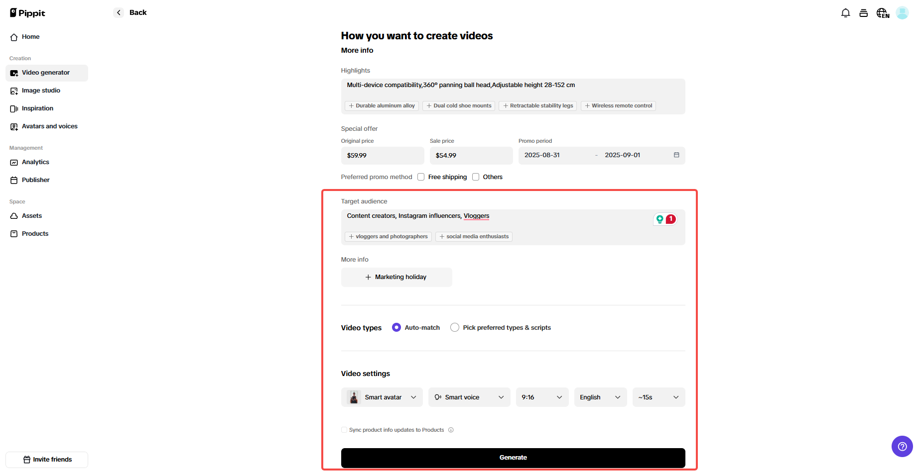 Generate your video or ad