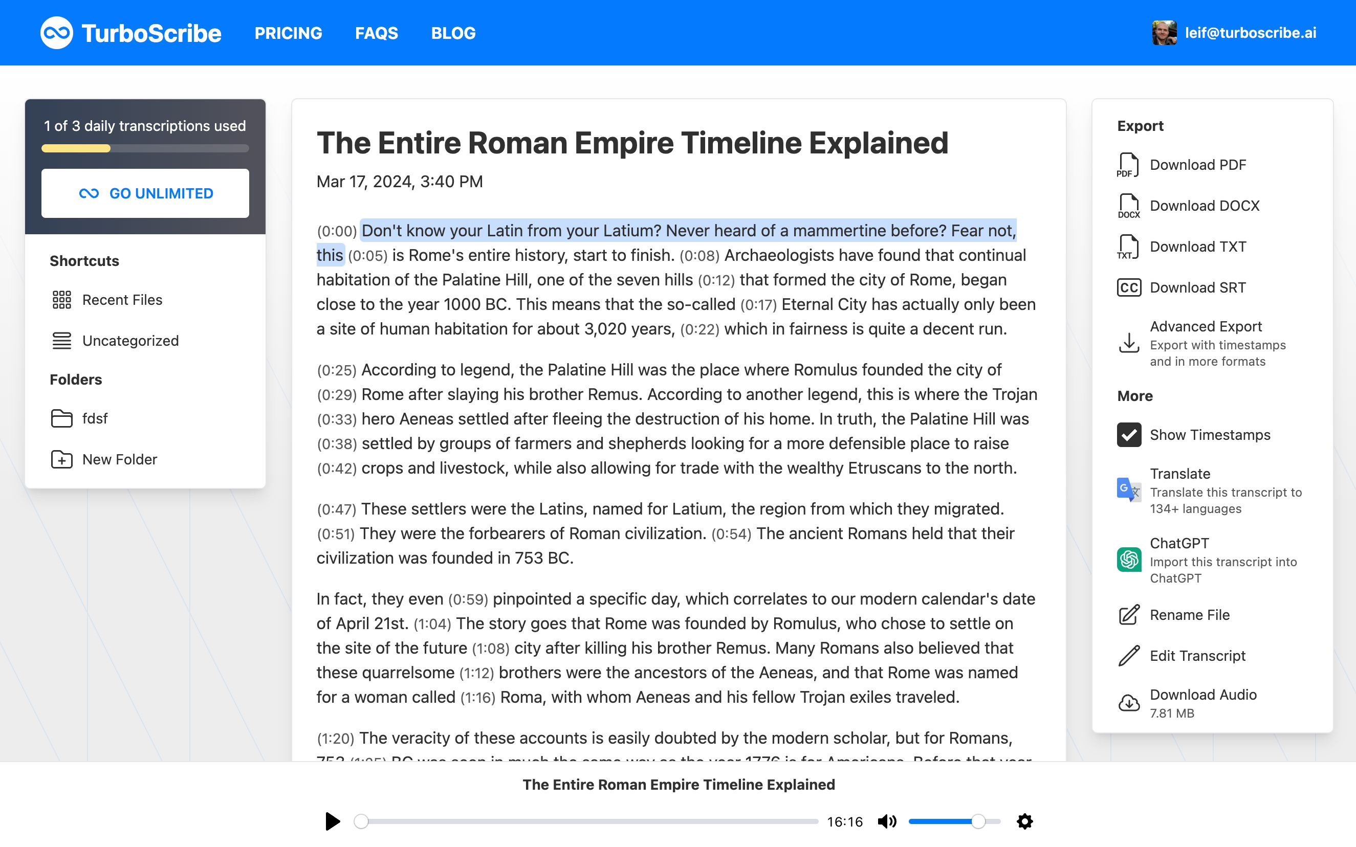 TurboScribe Arayüzü - başka bir en iyi video transcriber aracı