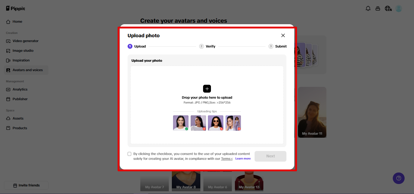 Uploading photo to Pippit