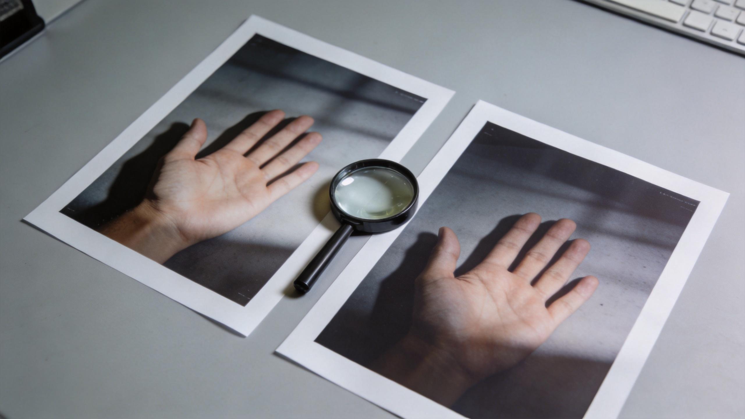 Magnifying glass examining two printed photos of an open hand on a desk