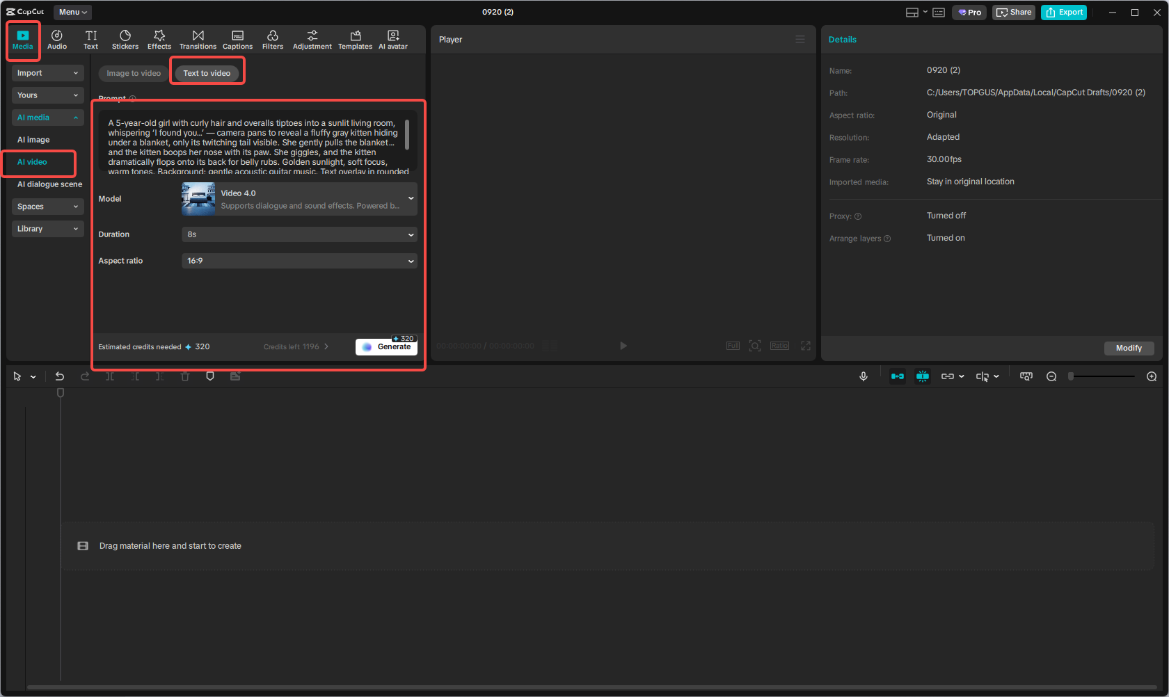 Access the text to video option and write your prompt