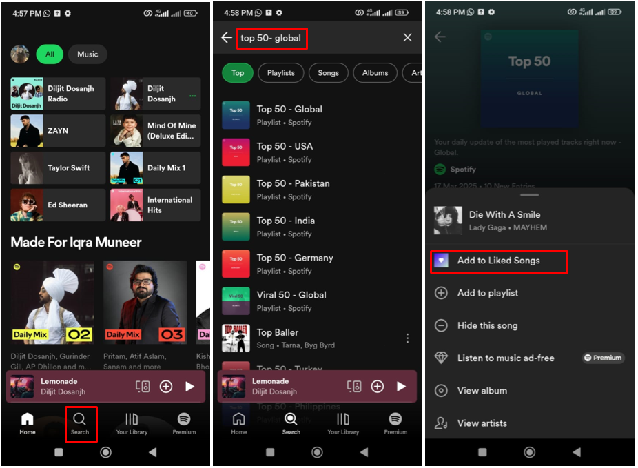 Imagen que muestra cómo ver las mejores canciones mundiales en Spotify