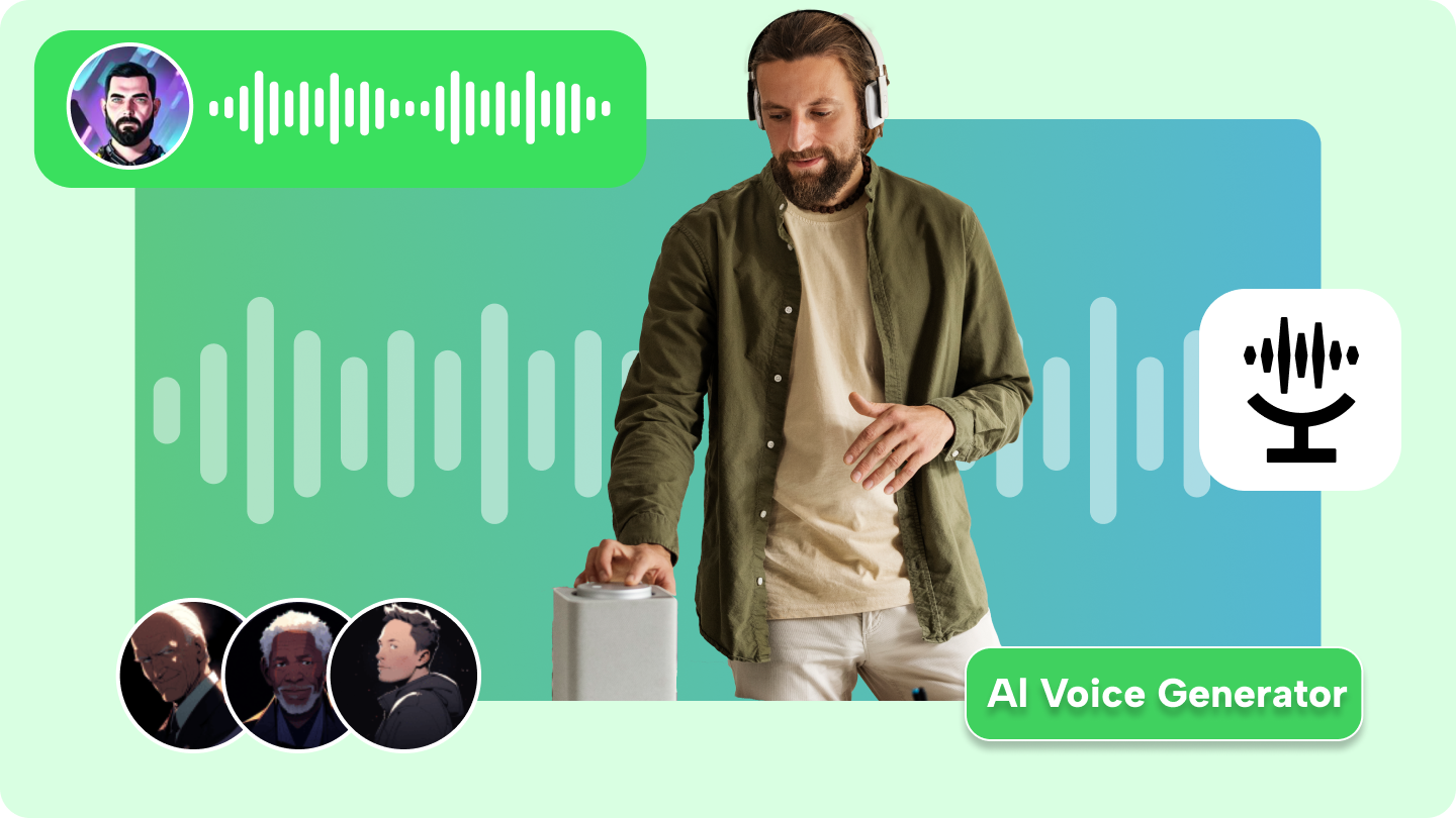 تصوير إبداعي لمولد صوت AI ، مع موجات صوتية وأيقونة ميكروفون مركزية ، ترمز إلى تحويل النص إلى كلام.