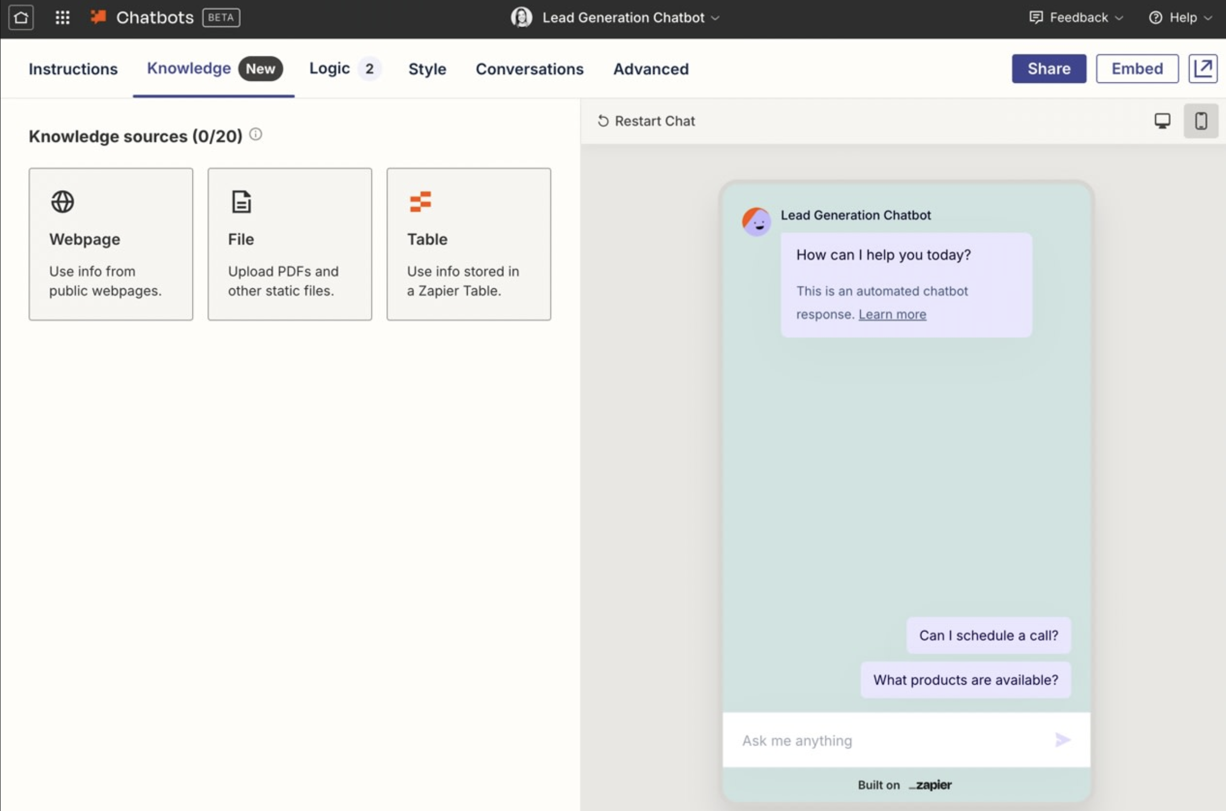 The interface of Zapier Chatbots - a user-friendly AI voice bot