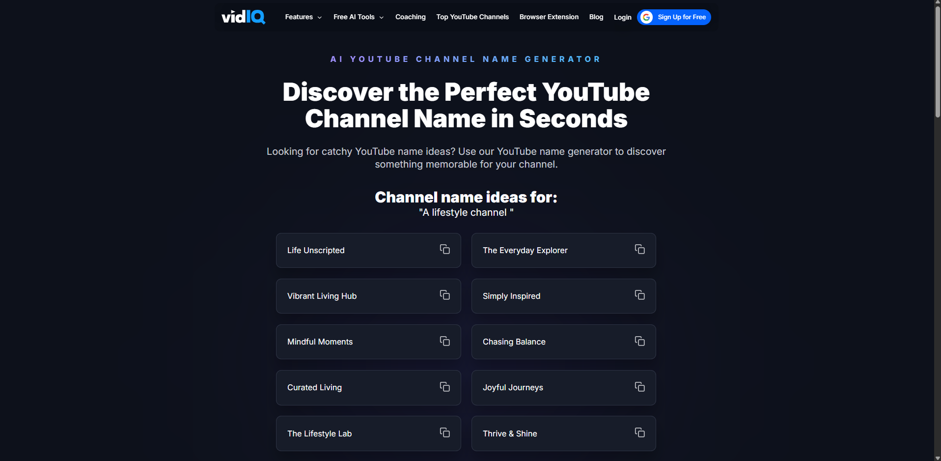 Giao diện của vidIQ - một công cụ dễ sử dụng để chọn tên người dùng YouTube tốt nhất.
