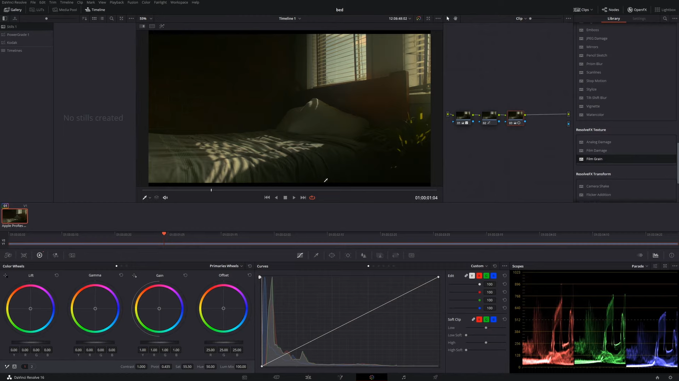 Interfaccia di DaVinci Resolve - il popolare strumento per aggiungere la sovrapposizione di rumore del vecchio film ai video